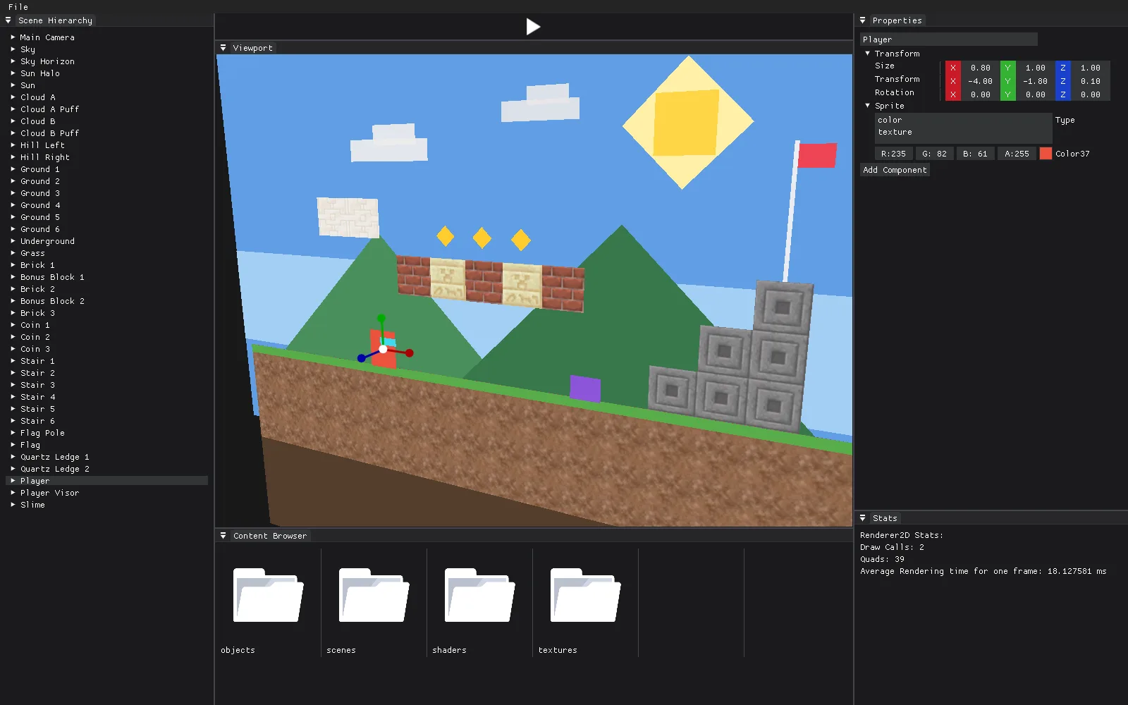 The same level seen from an angle with the orbiting editor camera, the player selected with the scale gizmo.