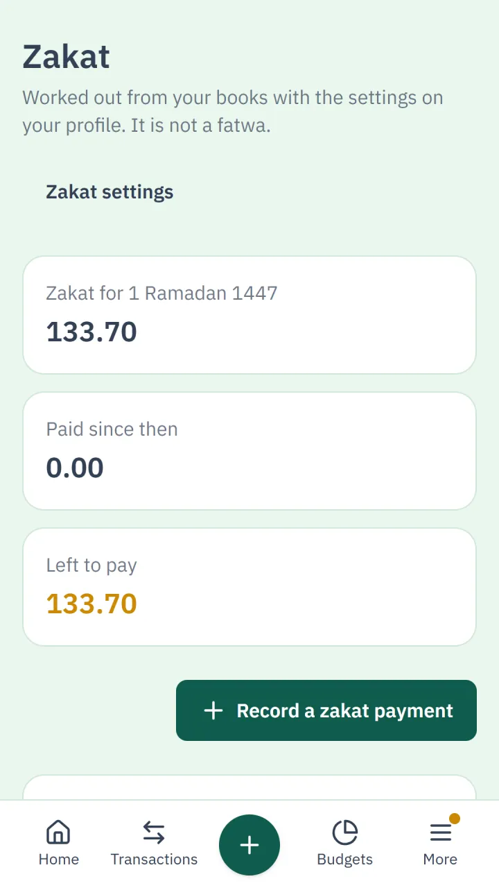 Zakat due for 1 Ramadan 1447, what has been paid and what is left.