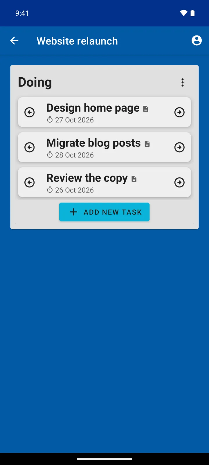 A project board on its Doing column, with three tasks, their due dates and arrows to move them between columns.
