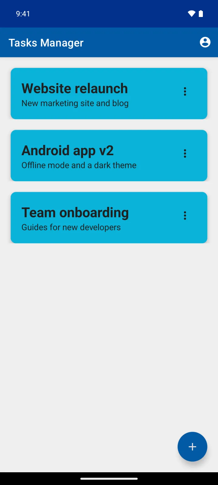 The Android app listing three projects, each with a short description.